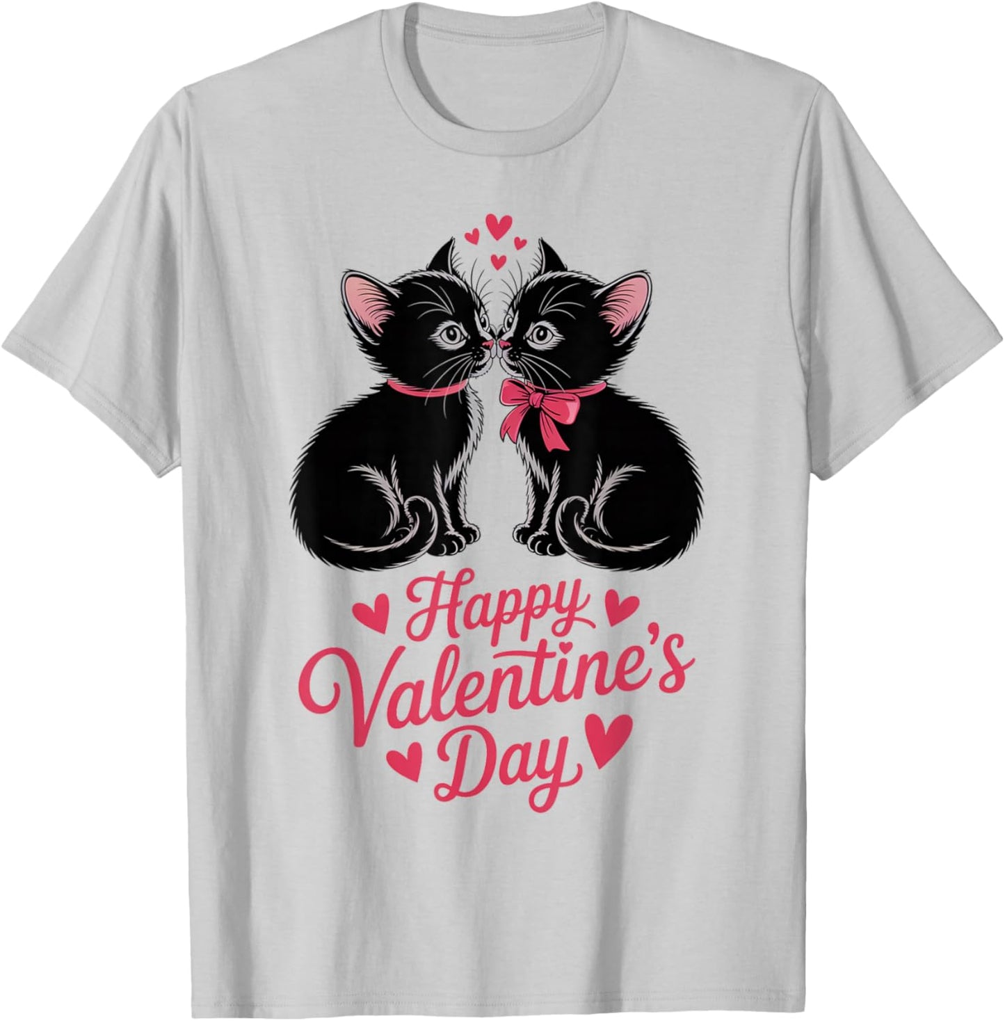 Happy Valentines Day Black Cat Couple Hearts Women Men T-Shirt - T-Shirt | Ash