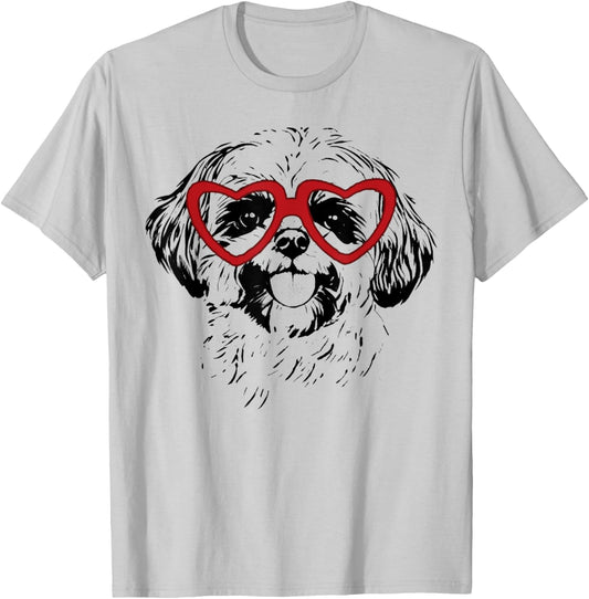 Valentine's Day Shih Tzu with Heart Glasses Love Art T-Shirt - T-Shirt | Ash