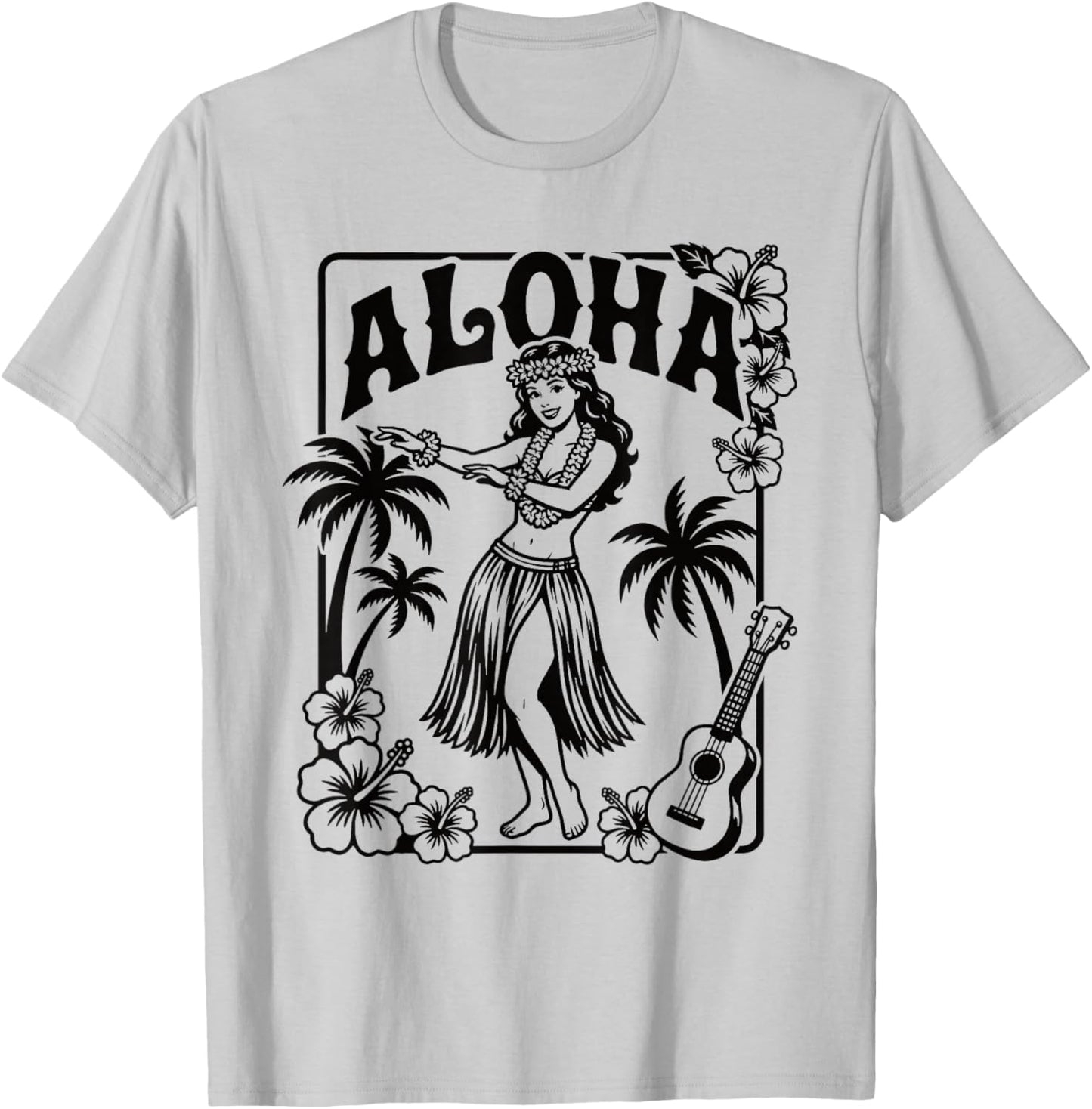 Aloha Hula Dancer Hibiscus Palm Trees Ukulele Retro Girl Art T-Shirt - T-Shirt | Ash