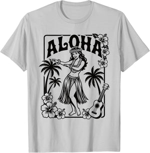 Aloha Hula Dancer Hibiscus Palm Trees Ukulele Retro Girl Art T-Shirt - T-Shirt | Ash