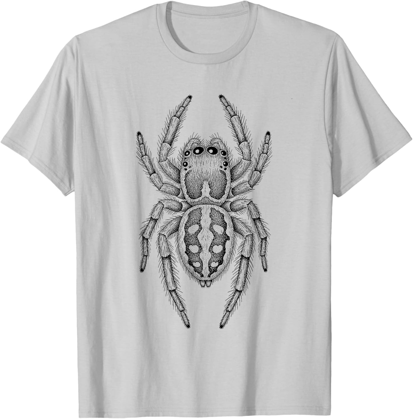 Jumping Spider Black Line Art Detailed Design T-Shirt - T-Shirt | Ash