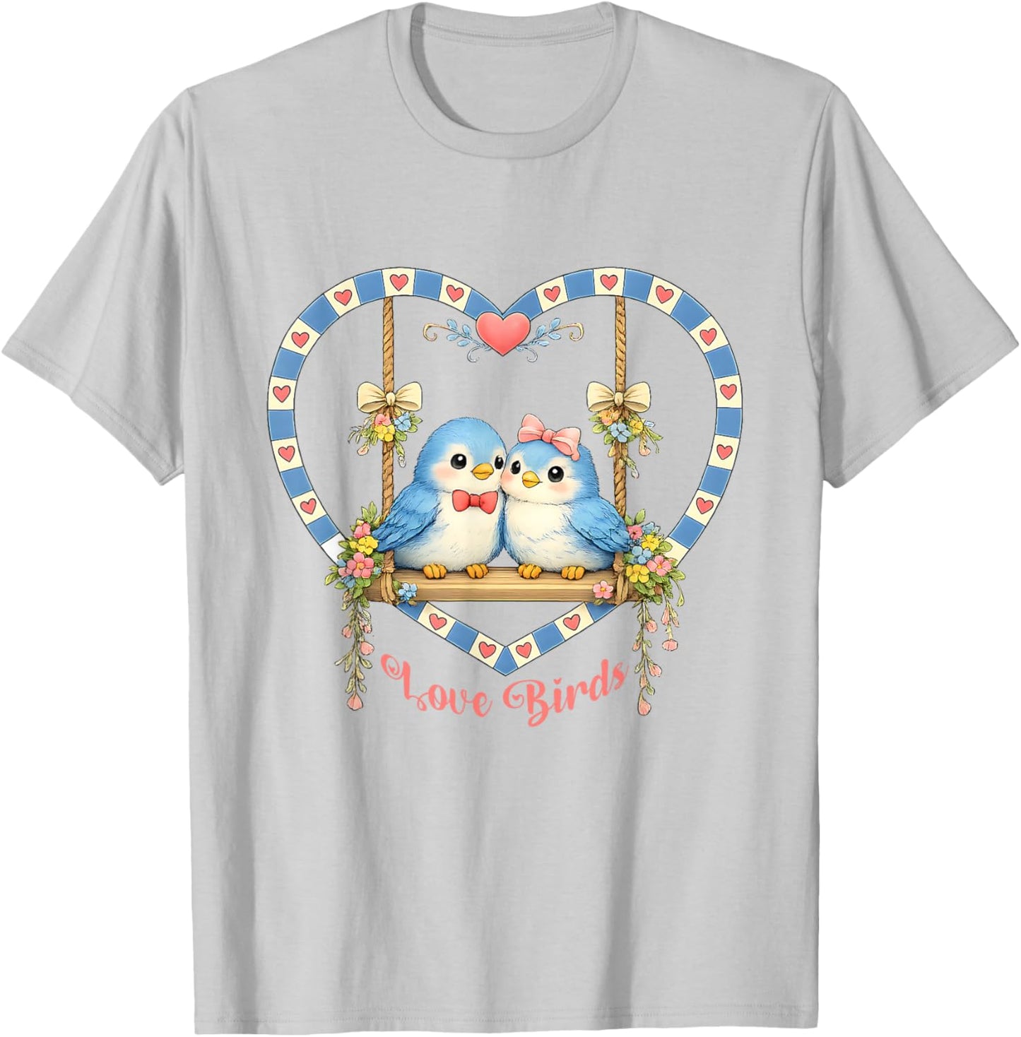 Vintage 80's Style Love Birds On Swing in Heart Flowers Bows T-Shirt - T-Shirt | Ash