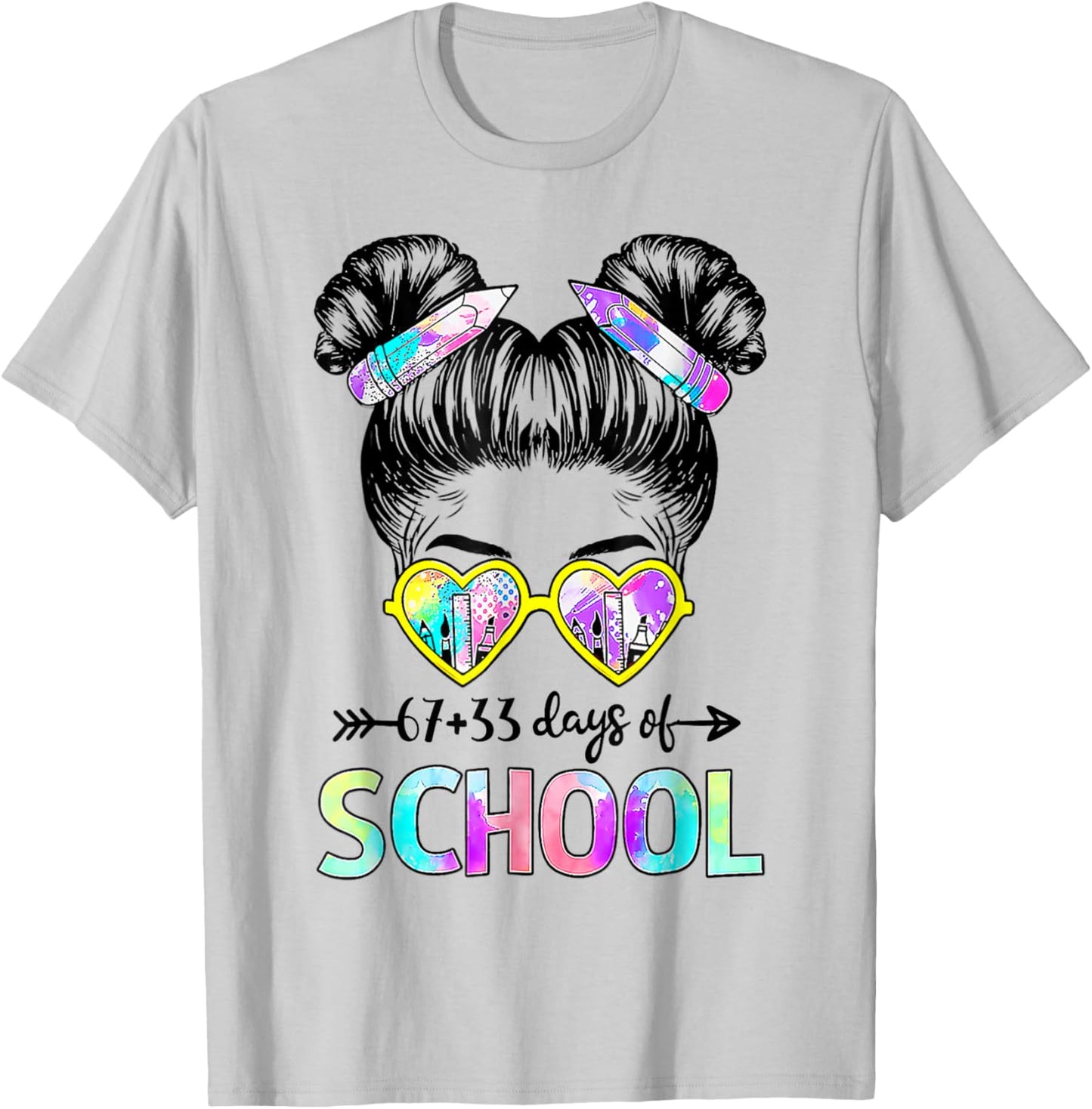 67 33 Days Smarter Girls Messy Bun Hair 100th Day of School T-Shirt - T-Shirt | Ash