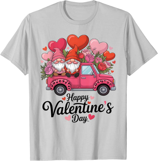 Valentines Day Gnomes Pink Truck Roses Leopard Print T-Shirt - T-Shirt | Ash
