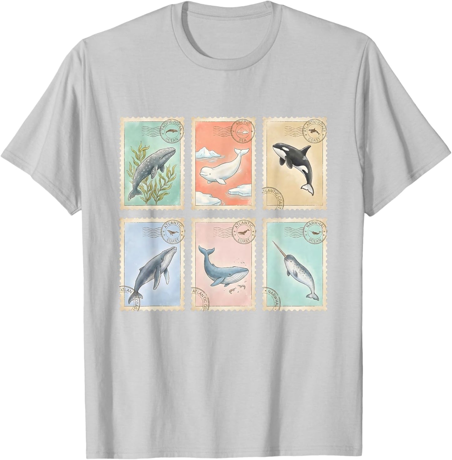 Vintage Whale Postage Stamps Humpback Orca Narwhal Beluga T-Shirt - T-Shirt | Ash