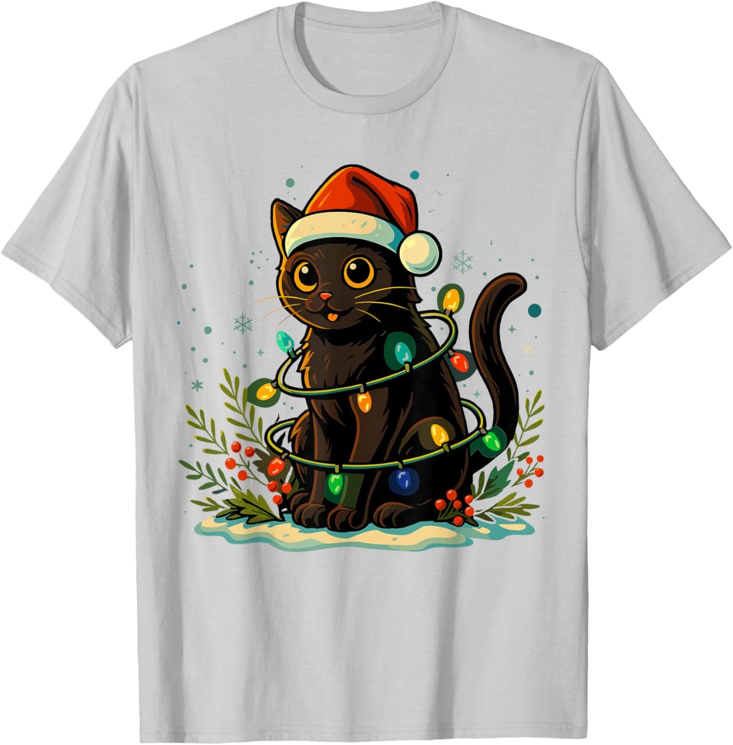 Black Cat Christmas Tree Lights Shirt, Cat Meowy Christmas T-Shirt - T-Shirt | Ash