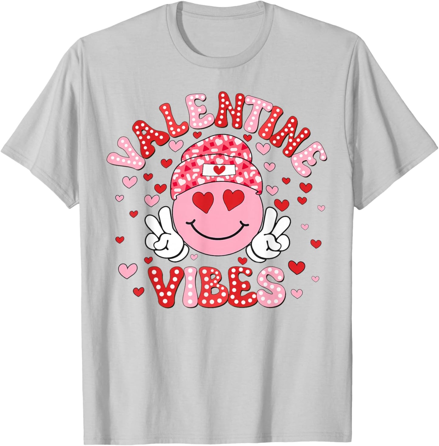 Valentine Vibes Funny Happy Smile Face Heart Girl Women Kid T-Shirt - T-Shirt | Ash