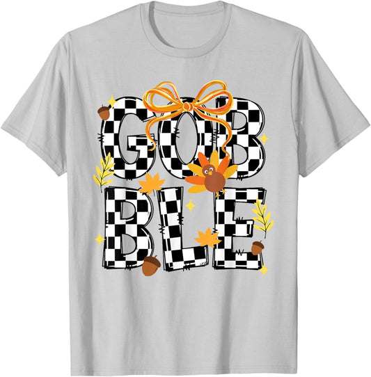 Happy Thanksgiving Gobble Coquette Checkered Turkey Fall Kid T-Shirt - T-Shirt | Ash