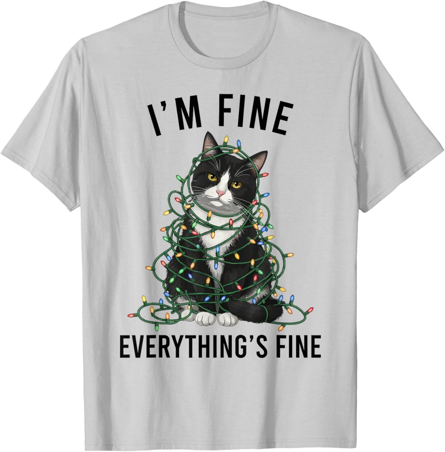 Tuxedo Cat Christmas I'm Fine Everything is Fine T-Shirt - T-Shirt | Ash