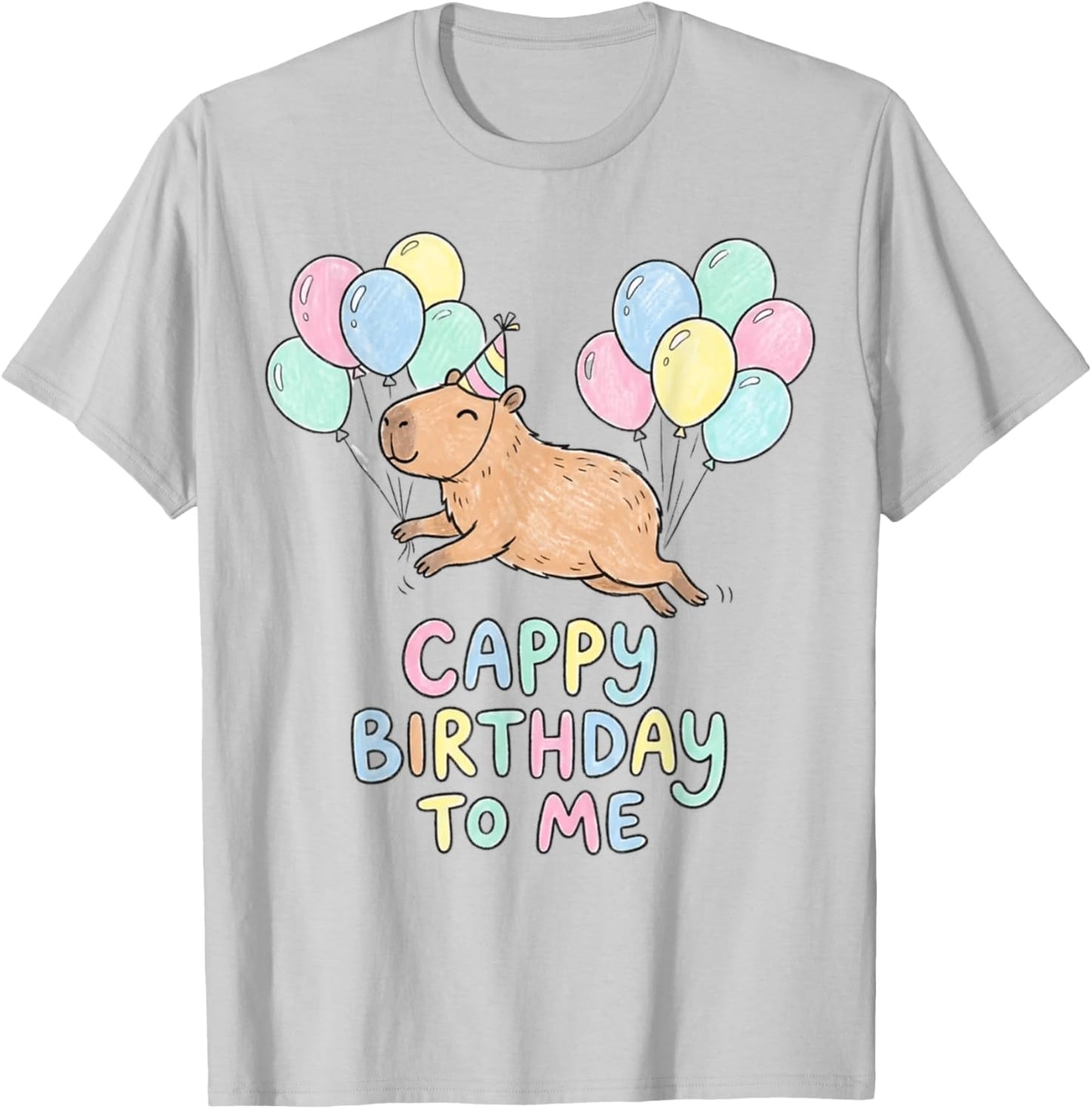 Cappy Birthday to Me Cute Capybara Balloons Pastel Art T-Shirt - T-Shirt | Ash