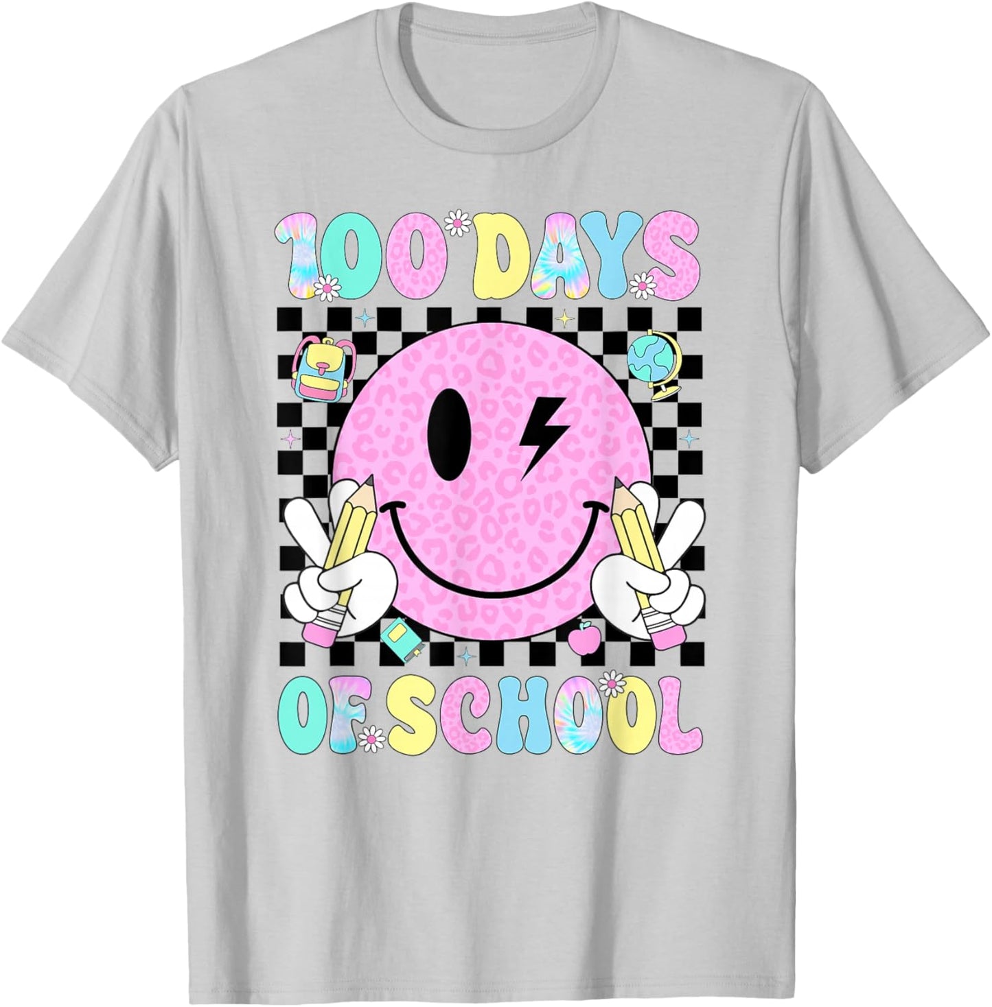 100 Days of School Retro Smile Face Teacher Kids 100th Day T-Shirt - T-Shirt | Ash