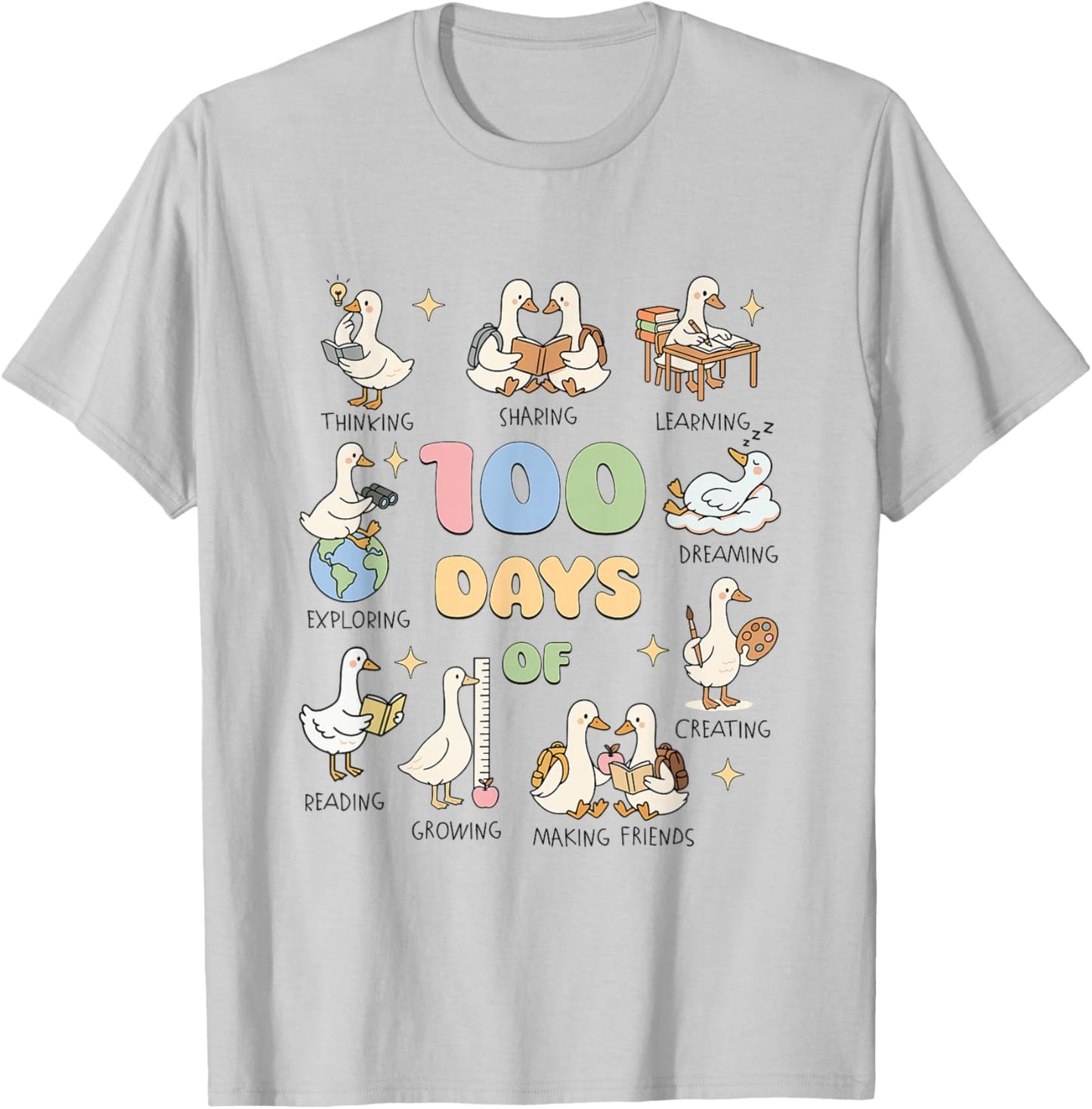 Silly Goose Happy 100 Days of School Goose Teacher Bookish T-Shirt - T-Shirt | Ash