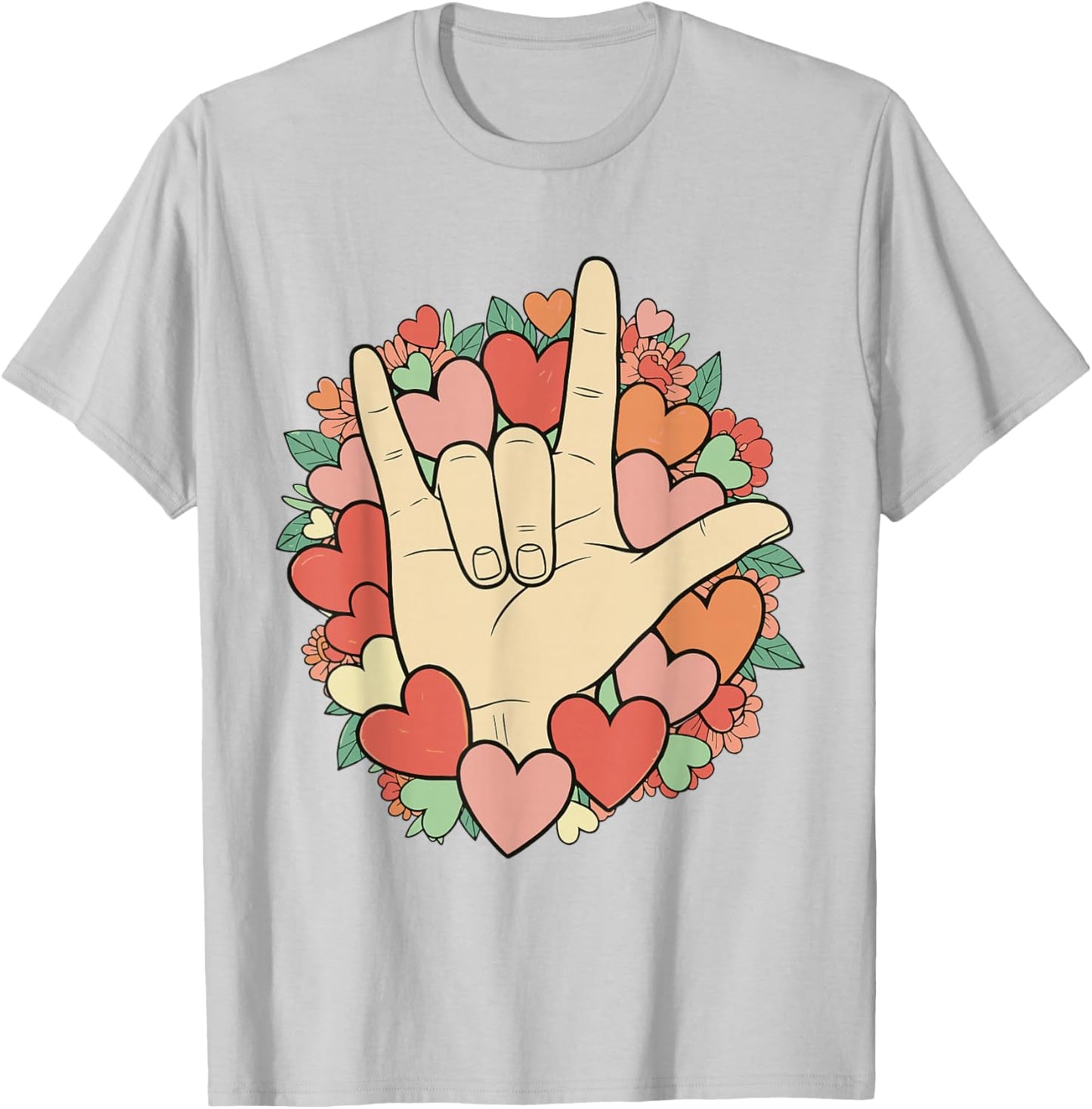 I Love You Sign Language Valentine's Day ASL Hearts Floral T-Shirt - T-Shirt | Ash