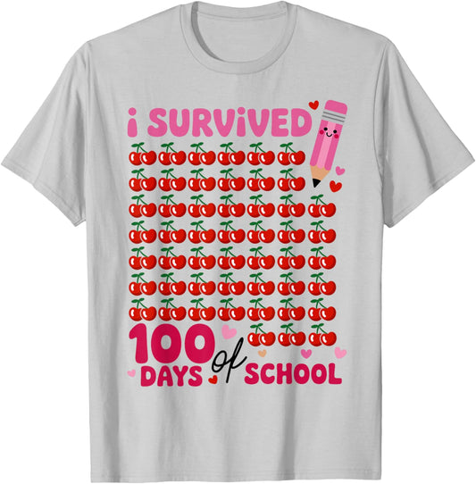 I Survived 100 Days of School Cherry Pink Cute 100th Day T-Shirt - T-Shirt | Ash