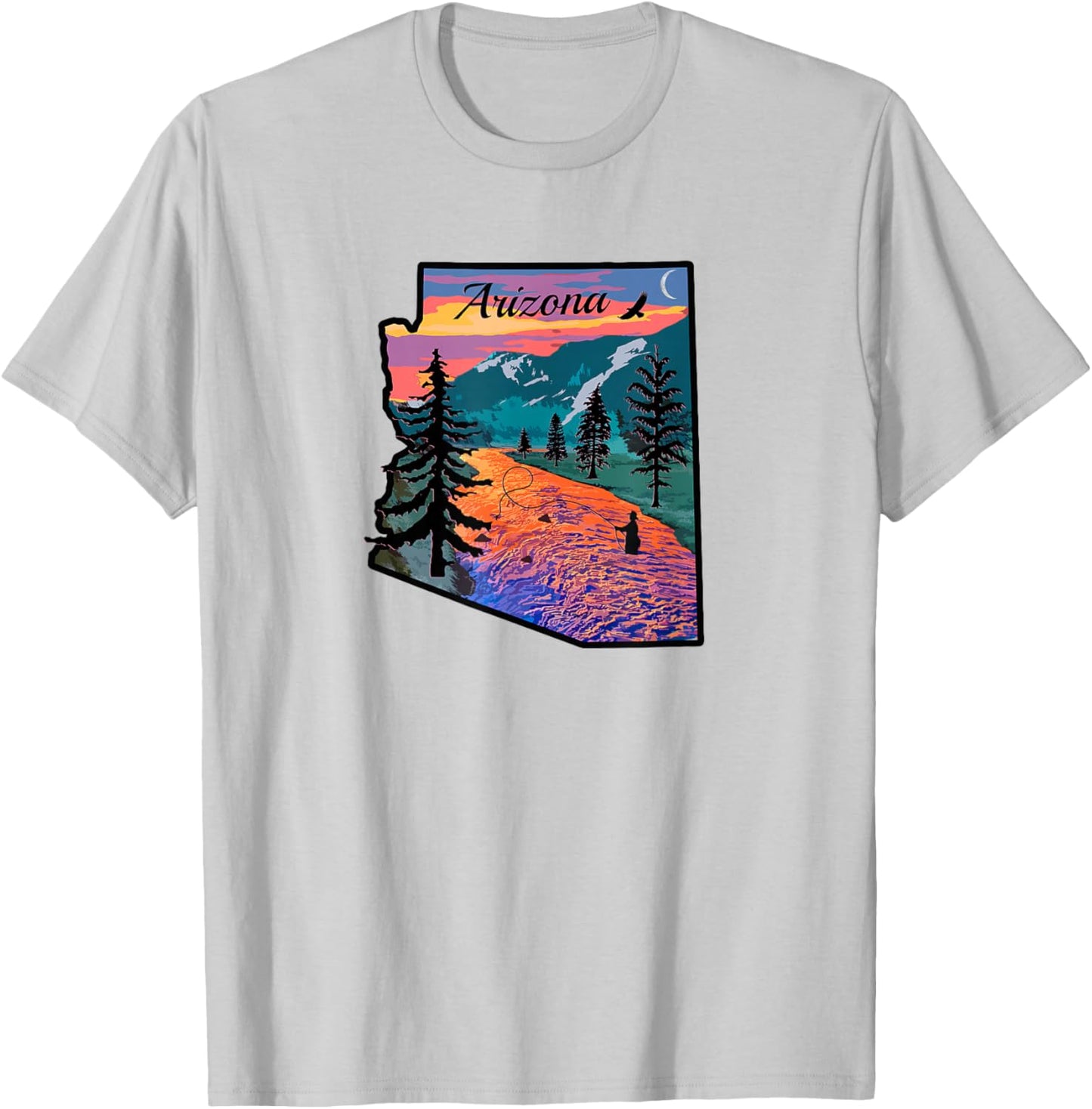Arizona Fly Fishing Retro Sunset State Outline T-Shirt - T-Shirt | Ash