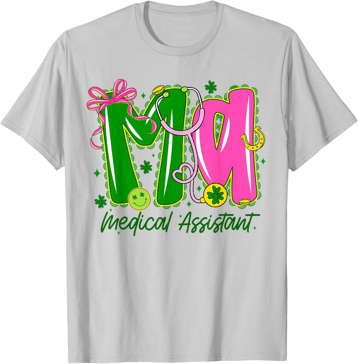 Medical Assistant MA Bow Shamrock Stethoscope Irish Nurse T-Shirt - T-Shirt | Ash
