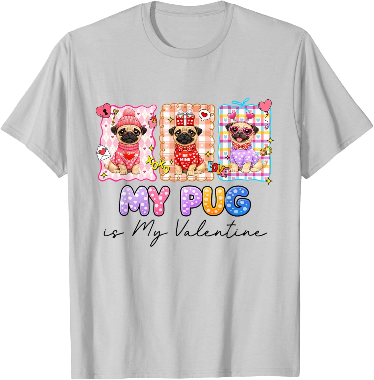 Pug is My Valentine Coquette Heart Retro Dog Love Cute T-Shirt - T-Shirt | Ash