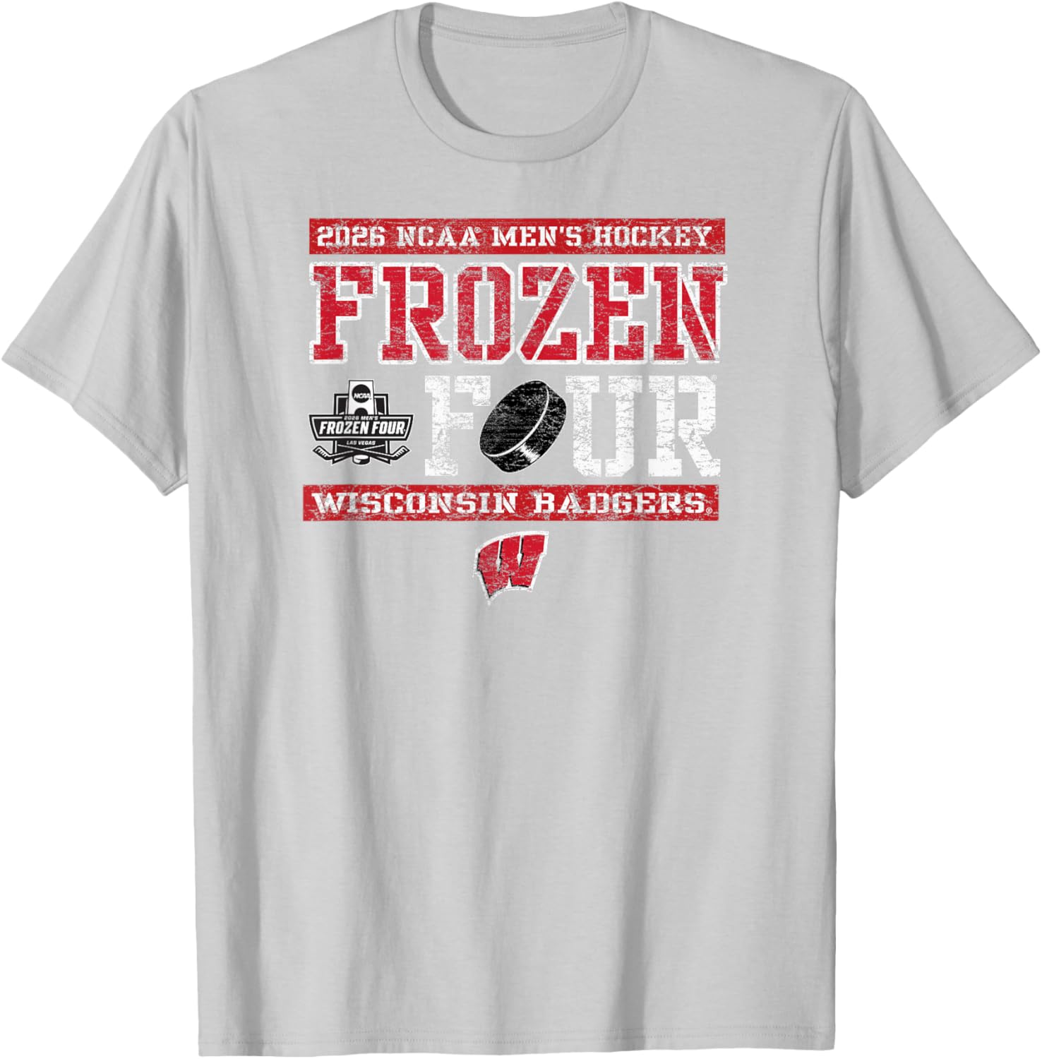 Wisconsin Badgers Frozen Four 2026 Men's Hockey Vintage Gray T-Shirt - T-Shirt | Ash