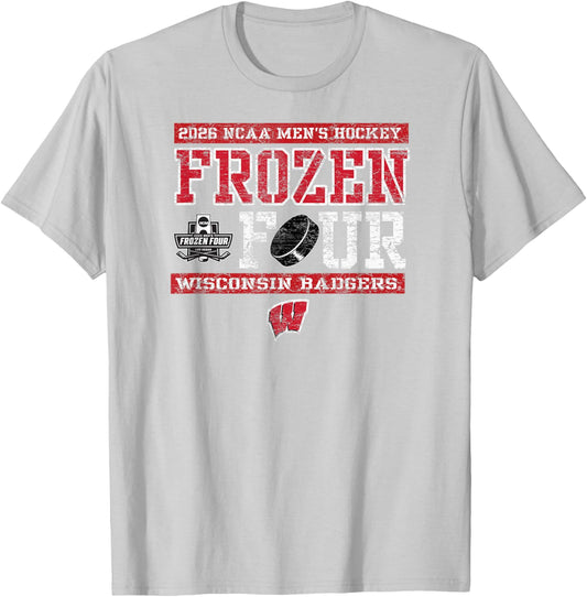 Wisconsin Badgers Frozen Four 2026 Men's Hockey Vintage Gray T-Shirt - T-Shirt | Ash