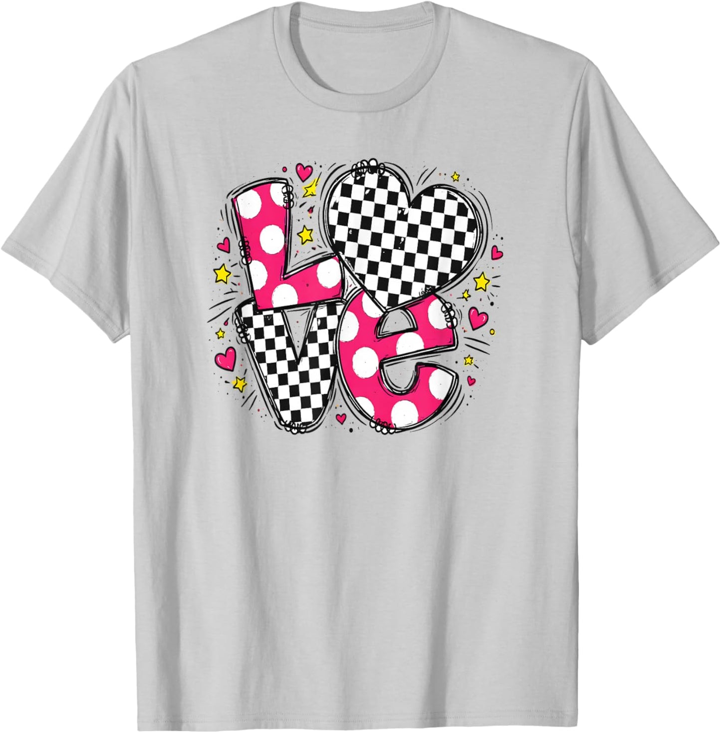 Valentine Cute Love Letter Message Heart Checkered and Dots T-Shirt - T-Shirt | Ash