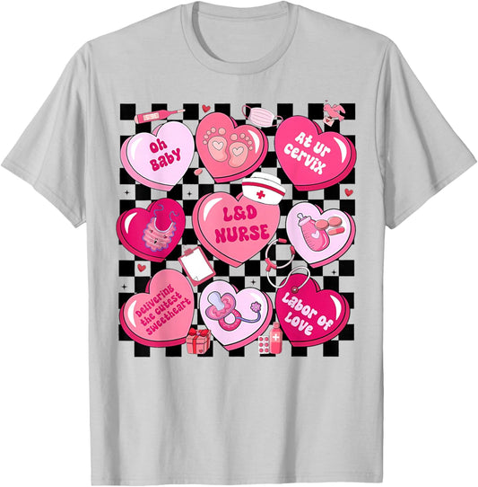 Women Labor and Delivery Nurse Hearts Candy Valentine's Day T-Shirt - T-Shirt | Ash