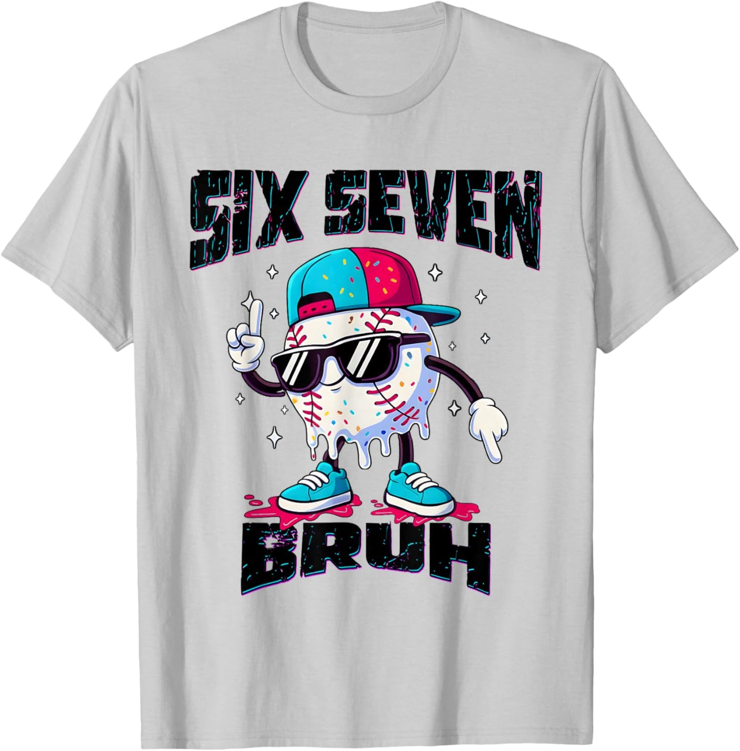 67 Meme Six Seven Funny Baseball Ice Cream Drip Girls Boys T-Shirt - T-Shirt | Ash