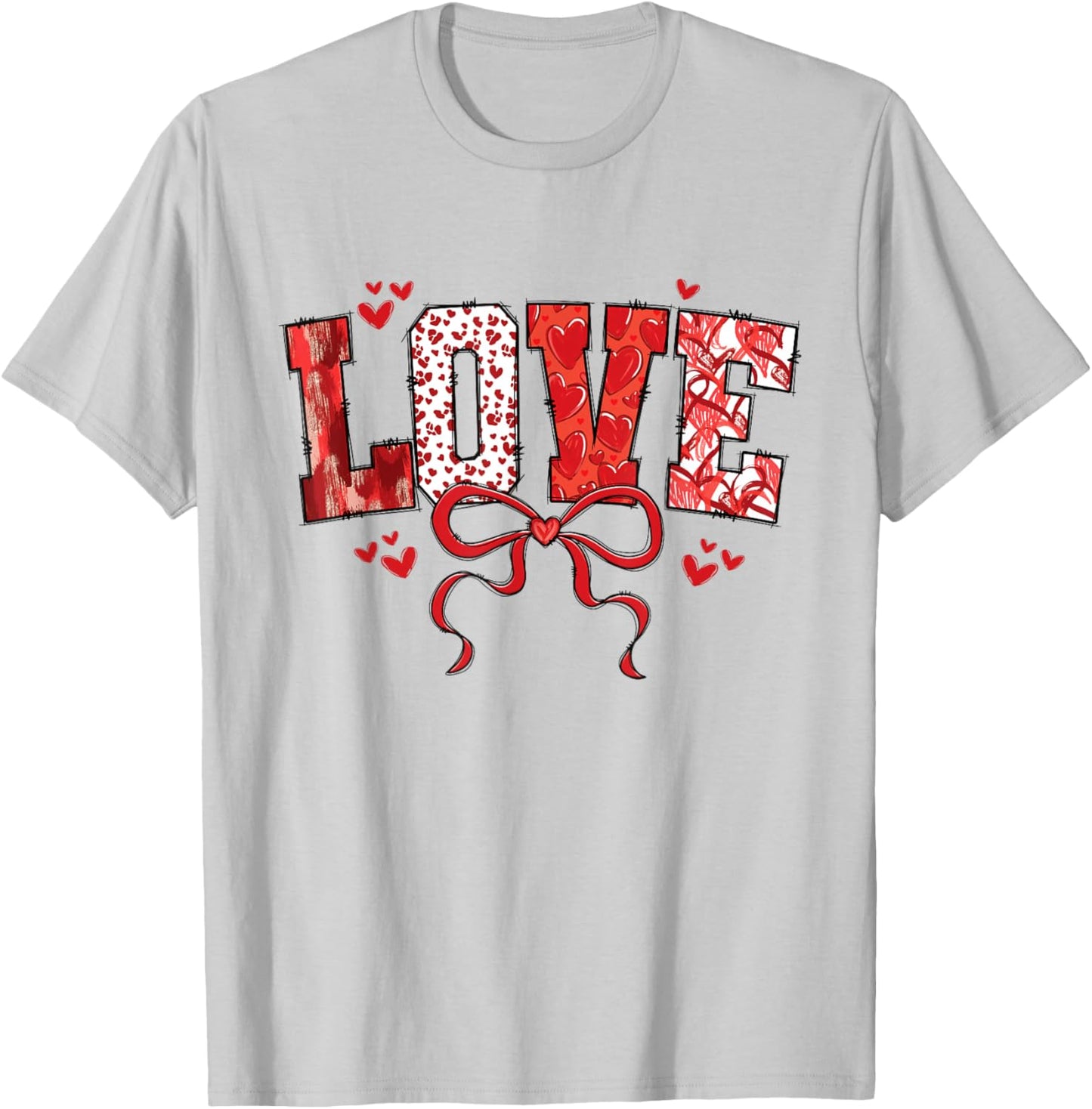 Love Bow Hearts Patchwork Style Cute Valentine Text T-Shirt - T-Shirt | Ash