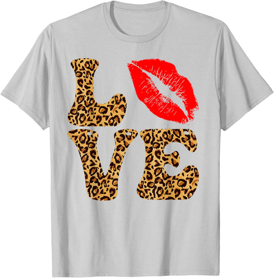 Love Red Lipstick Lips Leopard Happy Valentines Women T-Shirt - T-Shirt | Ash