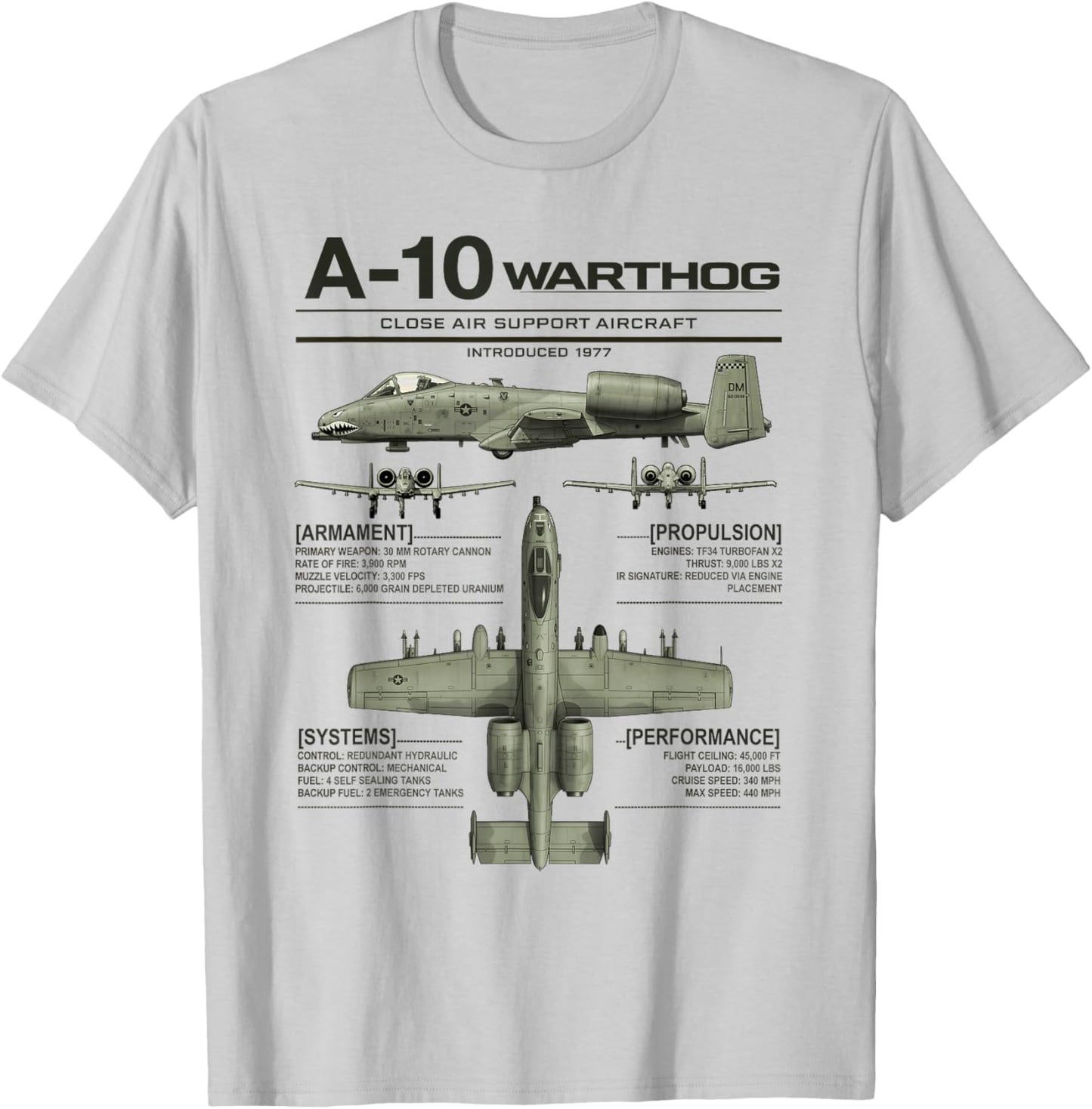 A-10 Warthog Military Jet Spec Infographic Dark Olive Green T-Shirt - T-Shirt | Ash