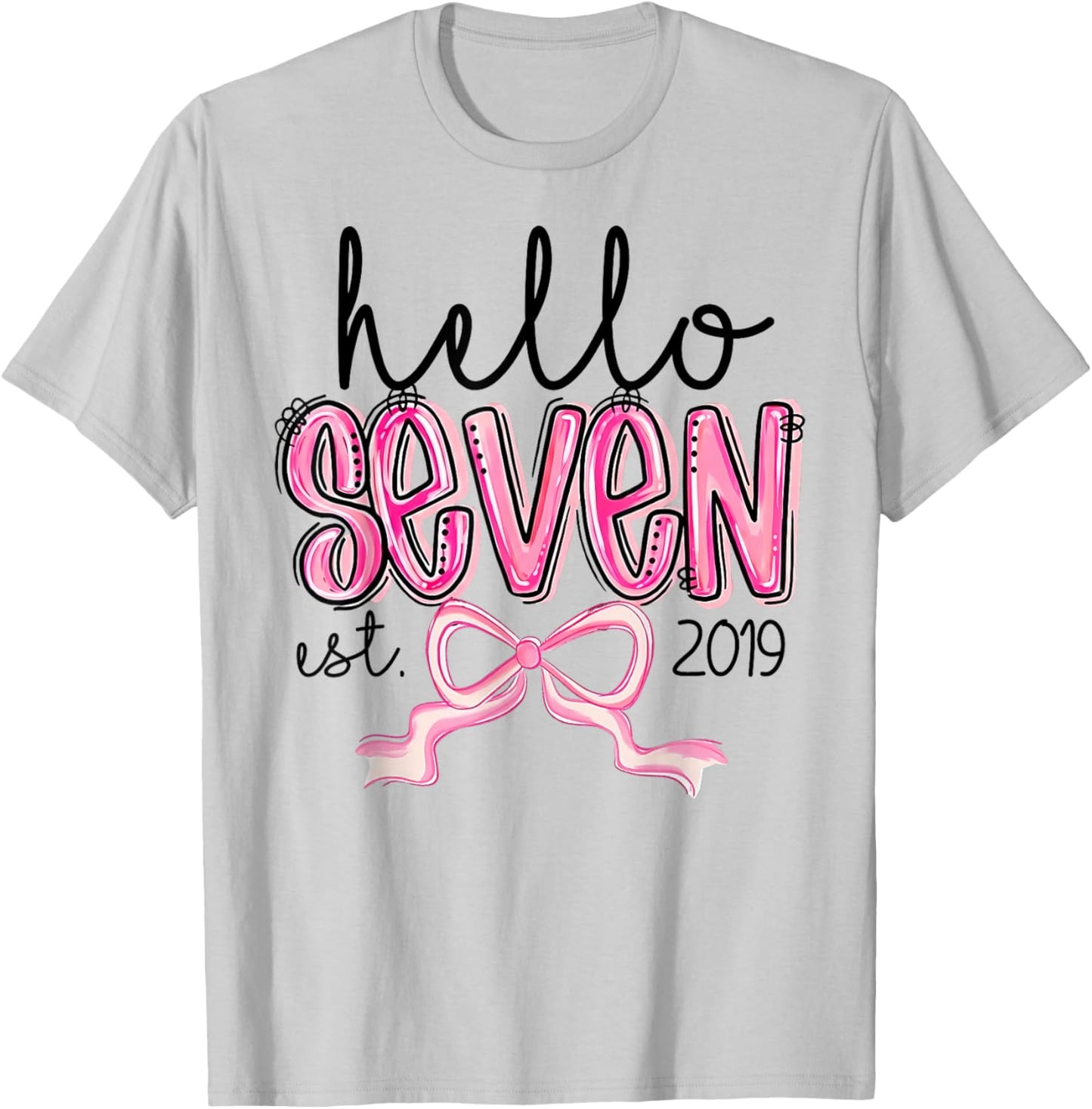 Hello Seven Est. 2019 Pink Coquette Bow 7th Birthday Girl T-Shirt - T-Shirt | Ash