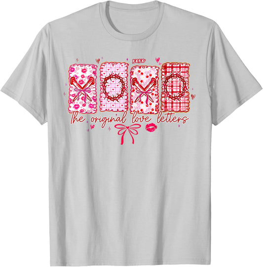 Christian Valentine Coquette Bow XOXO Original Love Letters T-Shirt - T-Shirt | Ash
