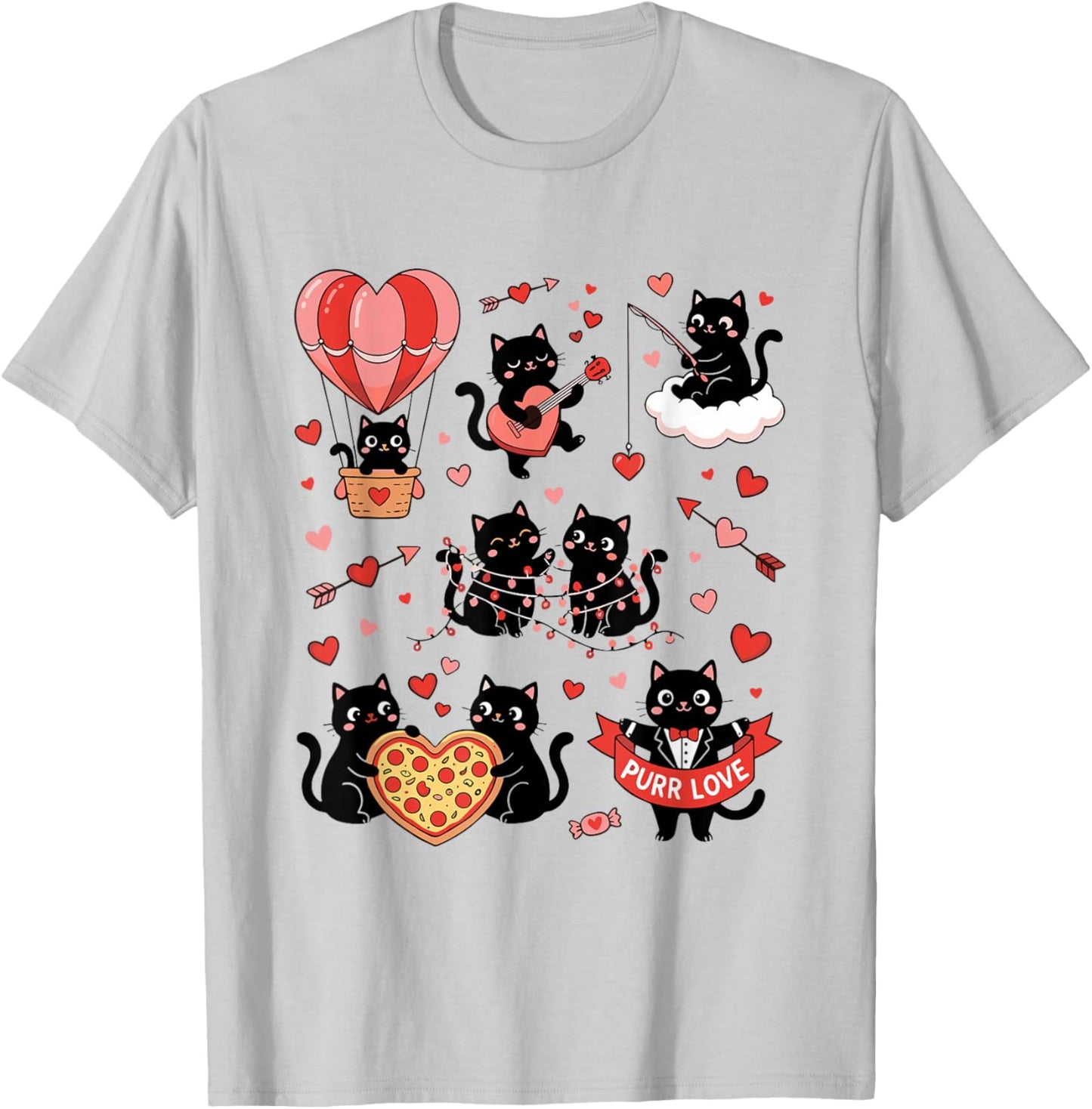 Retro Black Cat Heart Valentines Day Cute Kitten Lover T-Shirt - T-Shirt | Ash