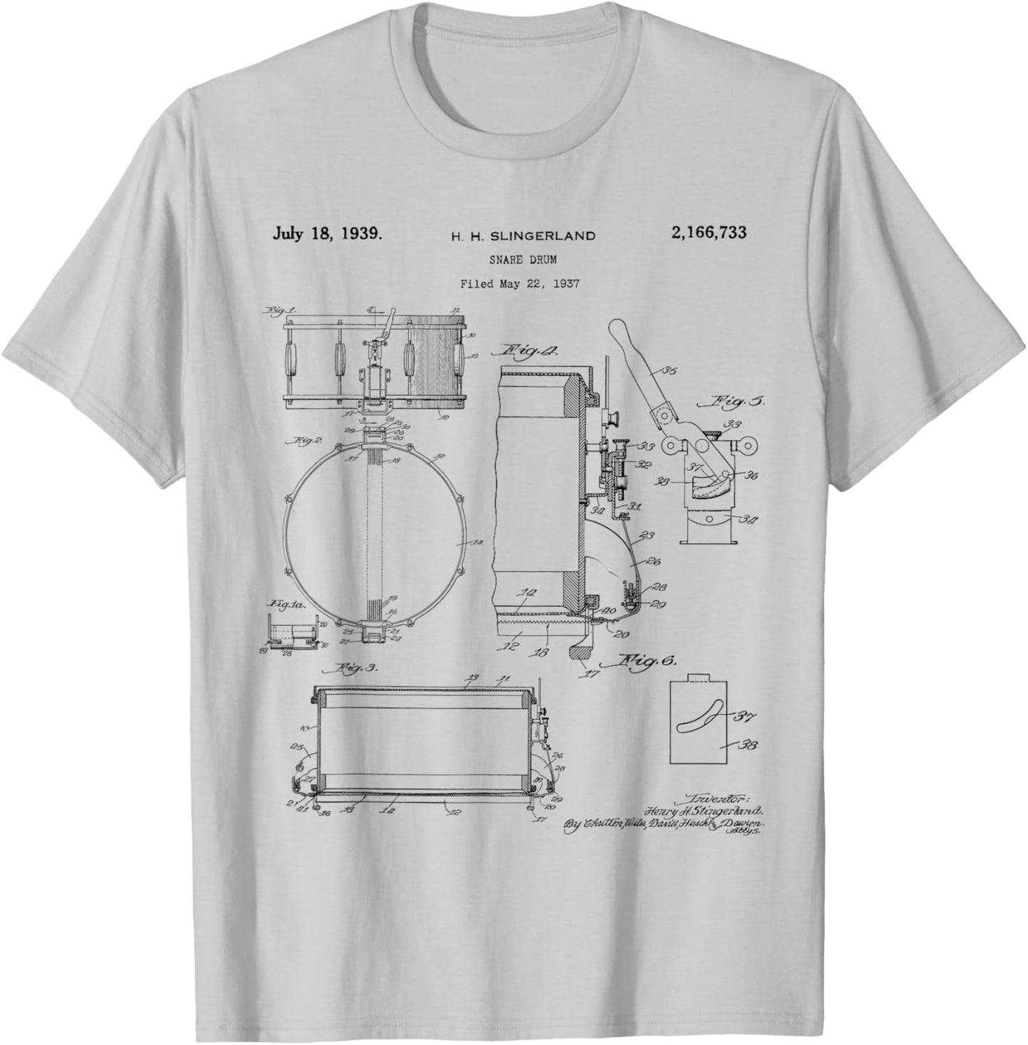 Snare Drum Patent Vintage Drawing Print T-Shirt - T-Shirt | Ash