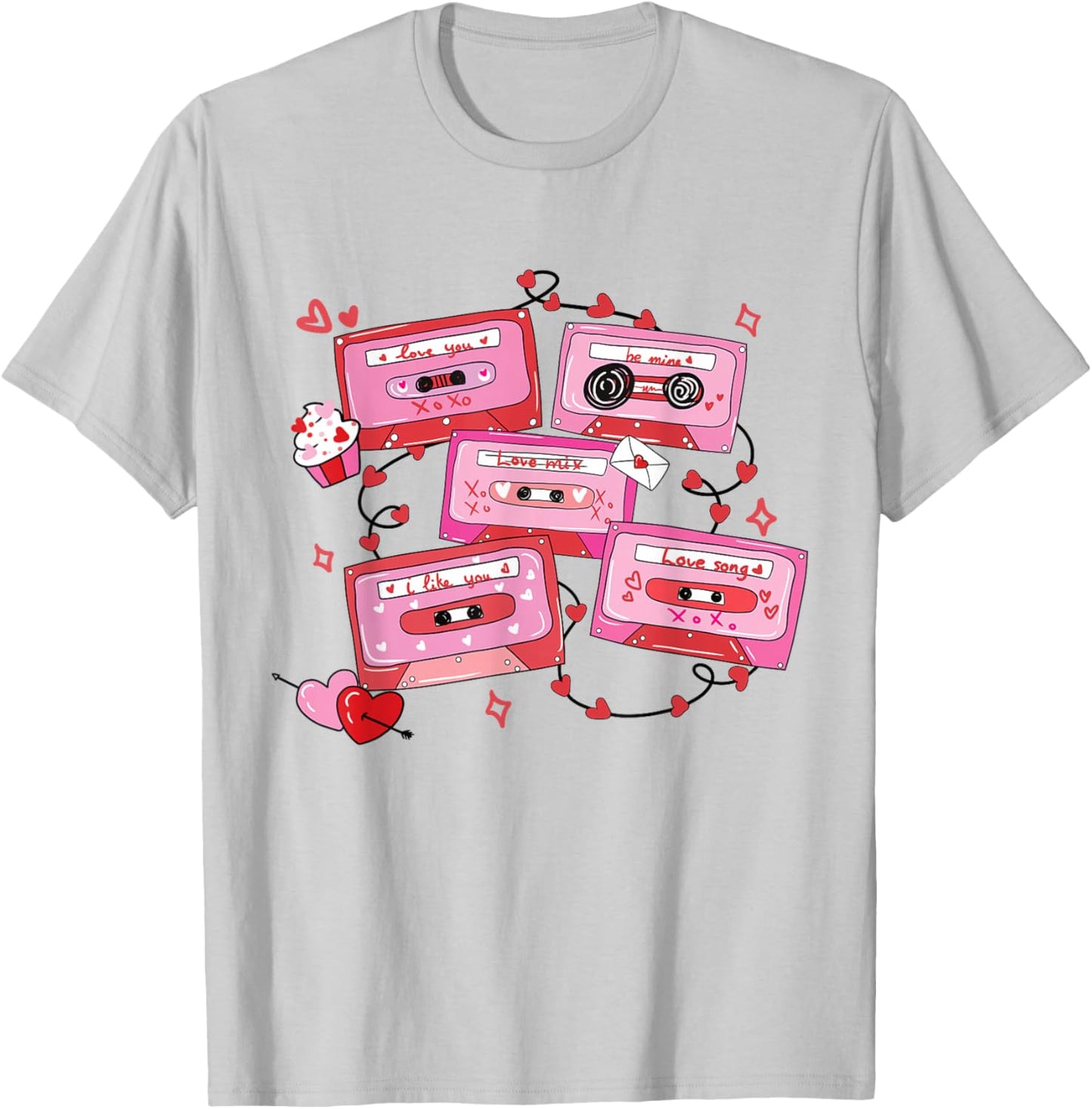 Retro Valentine Cassette Tape Heart Music Illustration T-Shirt - T-Shirt | Ash