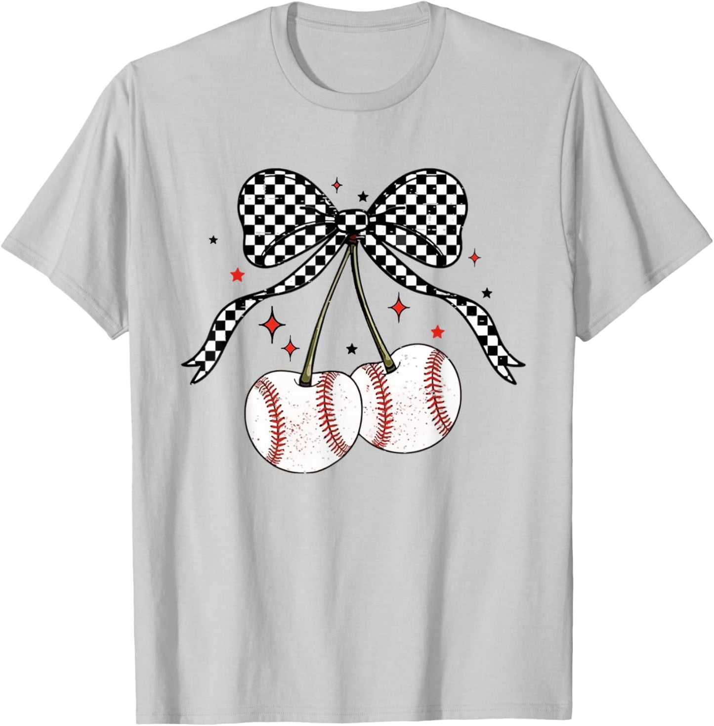 Coquette Bow Cherries Baseball Game Day Team Sport Cherry T-Shirt - T-Shirt | Ash