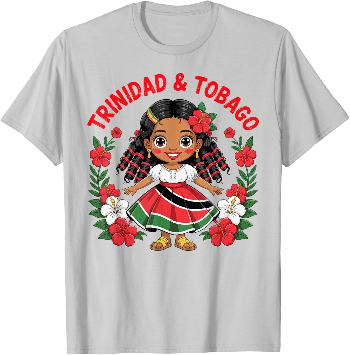 Cute Trinidad and Tobago Girl with Flag Dress for Kids T-Shirt - T-Shirt | Ash