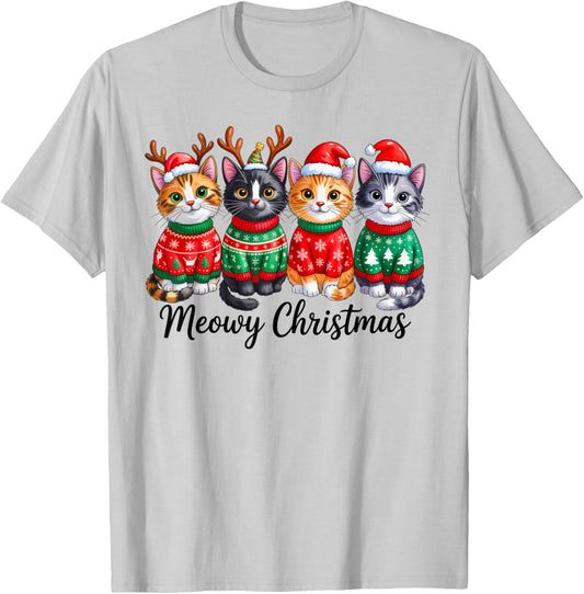 Meowy Christmas Cat Santa Reindeer Xmas Pajamas Cat Lover T-Shirt - T-Shirt | Ash
