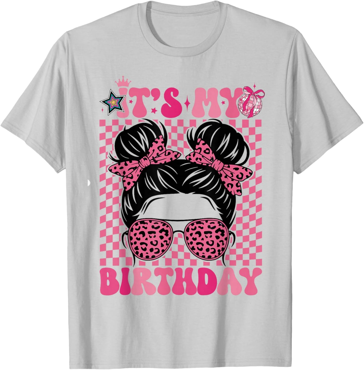It's My Birthday Girls Women Messy Bun Pink Coquette Bow T-Shirt - T-Shirt | Ash