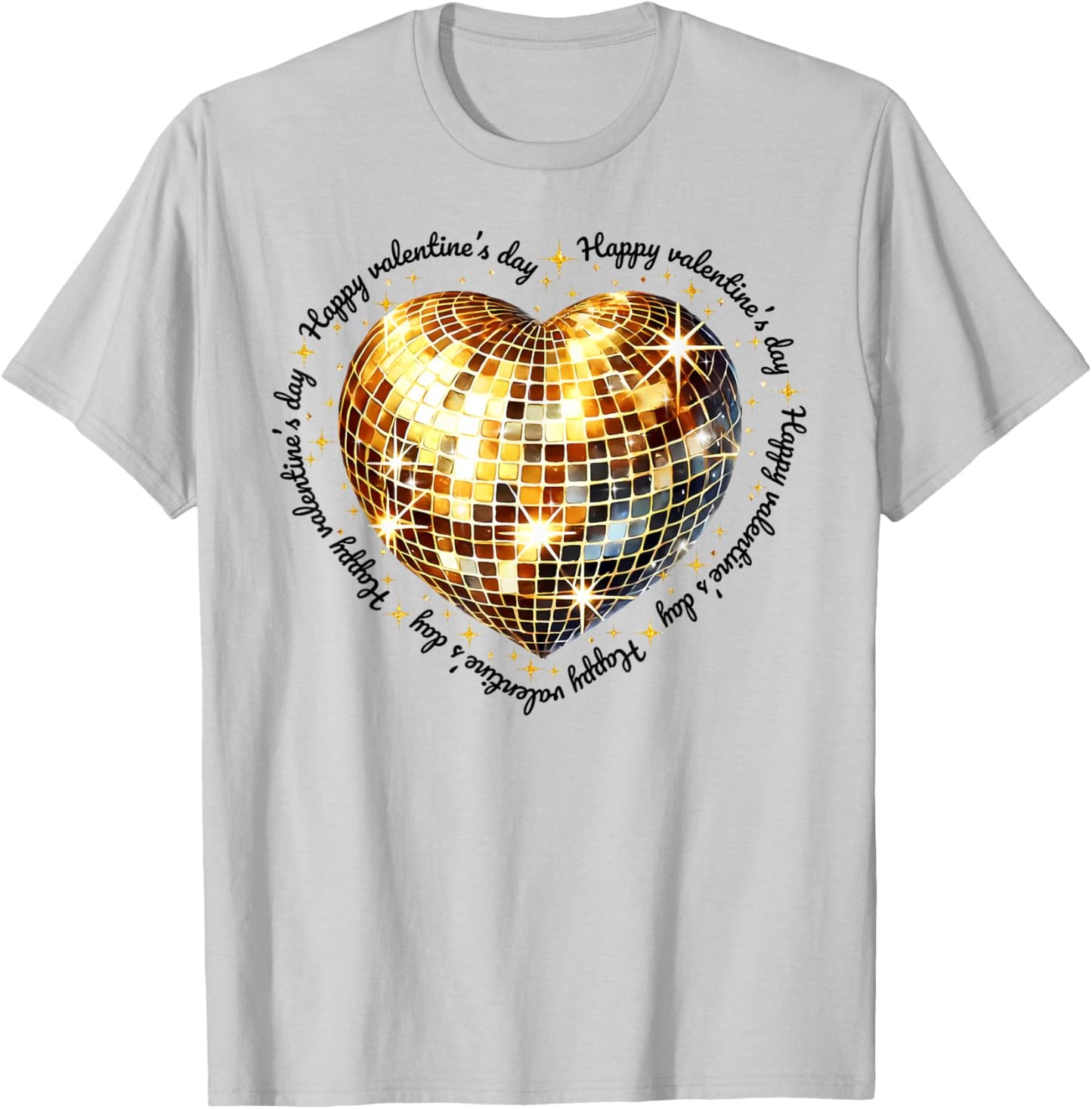 Happy Valentine's Day Funny Gold Coquette Disco Ball Heart T-Shirt - T-Shirt | Ash