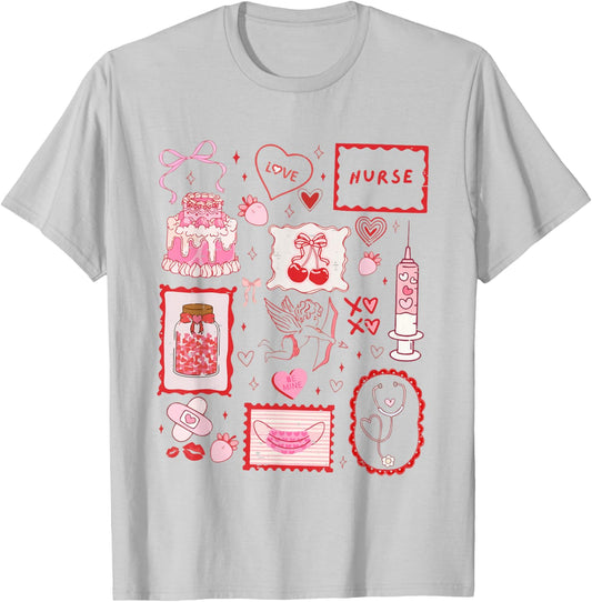 Coquette Doodles Pediatric Nurse Valentine Cherry Bow XOXO T-Shirt - T-Shirt | Ash