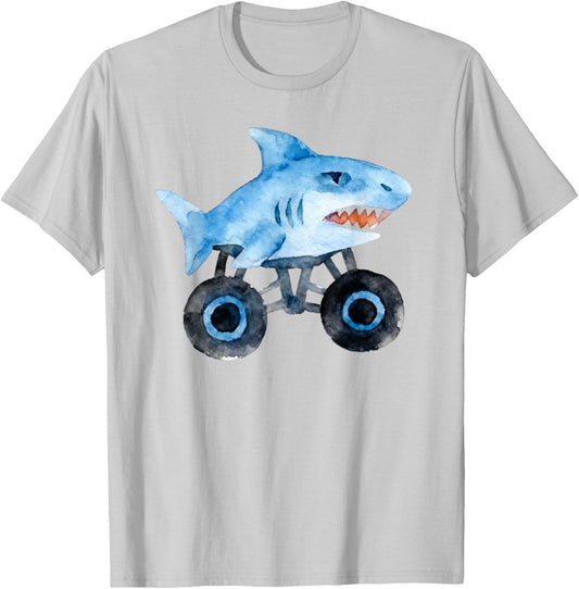 Blue Shark Driving Monster Car Truck Cute Watercolor Design T-Shirt - T-Shirt | Ash