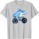 Blue Shark Driving Monster Car Truck Cute Watercolor Design T-Shirt - T-Shirt | Ash