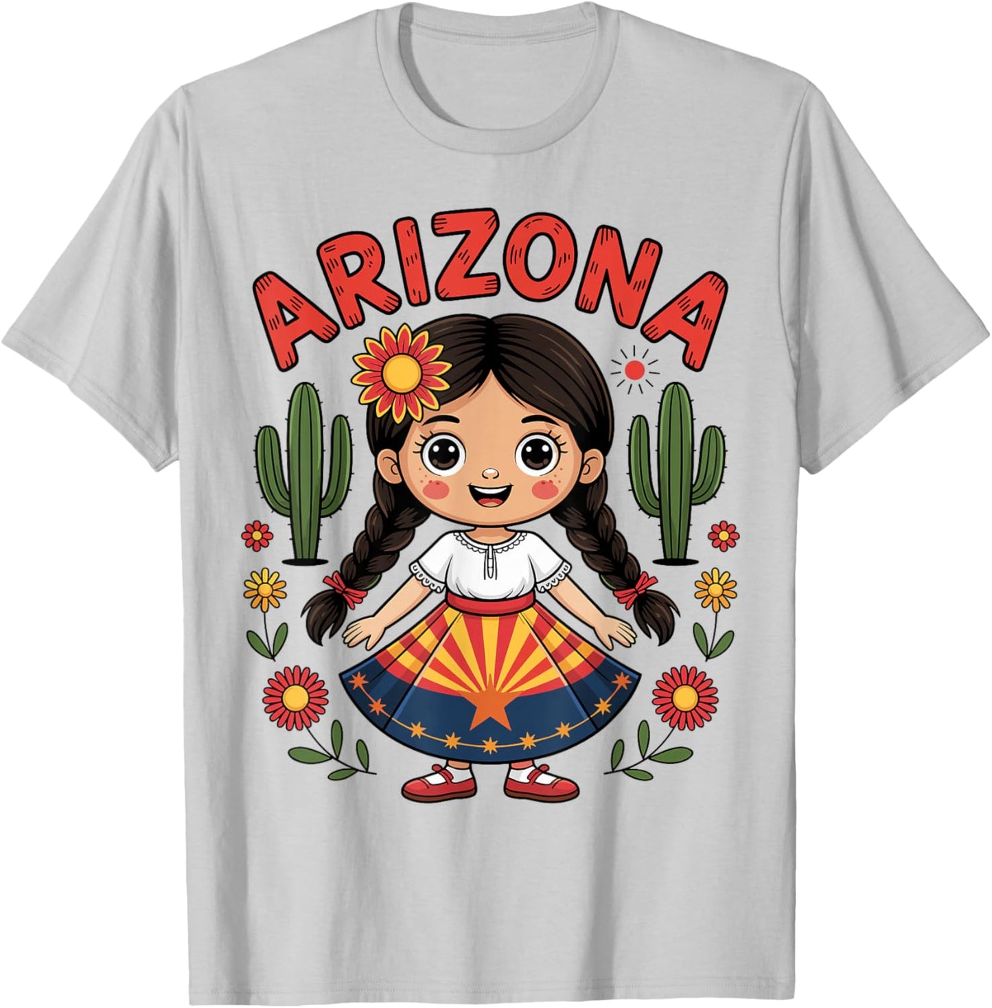 Cute Arizona Girl in State Flag Dress and Cactus for Kids T-Shirt - T-Shirt | Ash