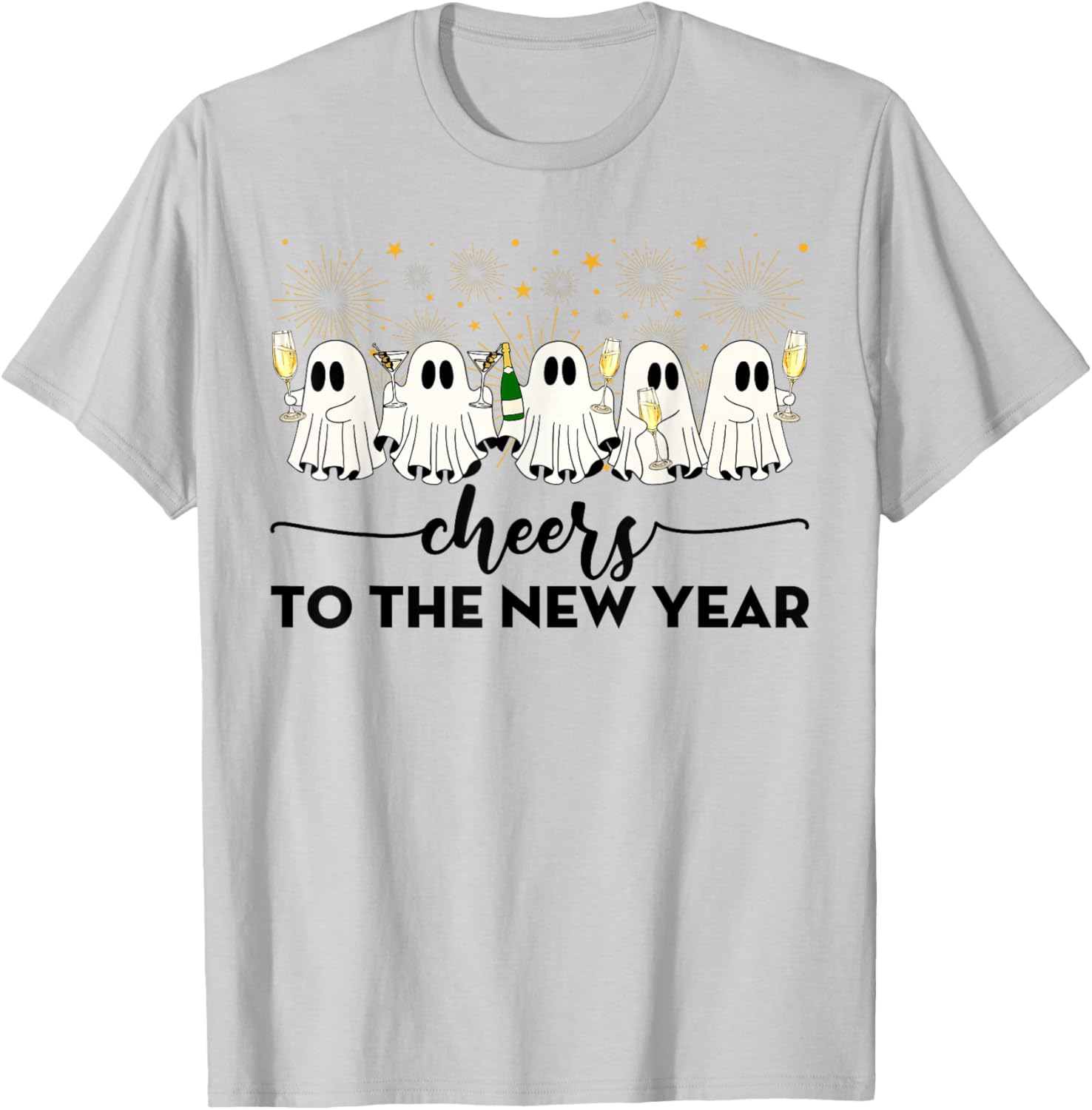 Cheers to The New Year Ghosts Drinking Champagne NYE 2026 T-Shirt - T-Shirt | Ash