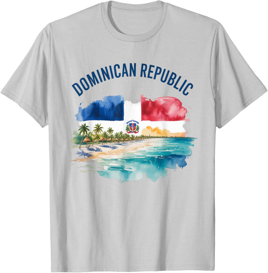 Dominican Republic Vintage Watercolor Flag Scenic Travel T-Shirt - T-Shirt | Ash