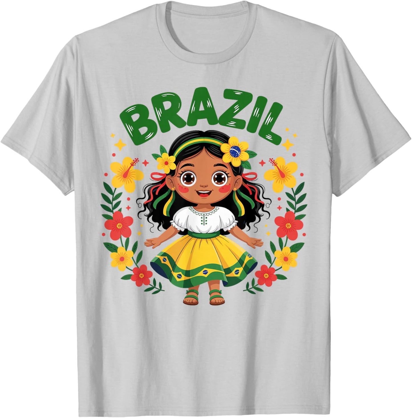 Cute Brazil Girl Traditional Dress Flag Colors Art for Kids T-Shirt - T-Shirt | Ash