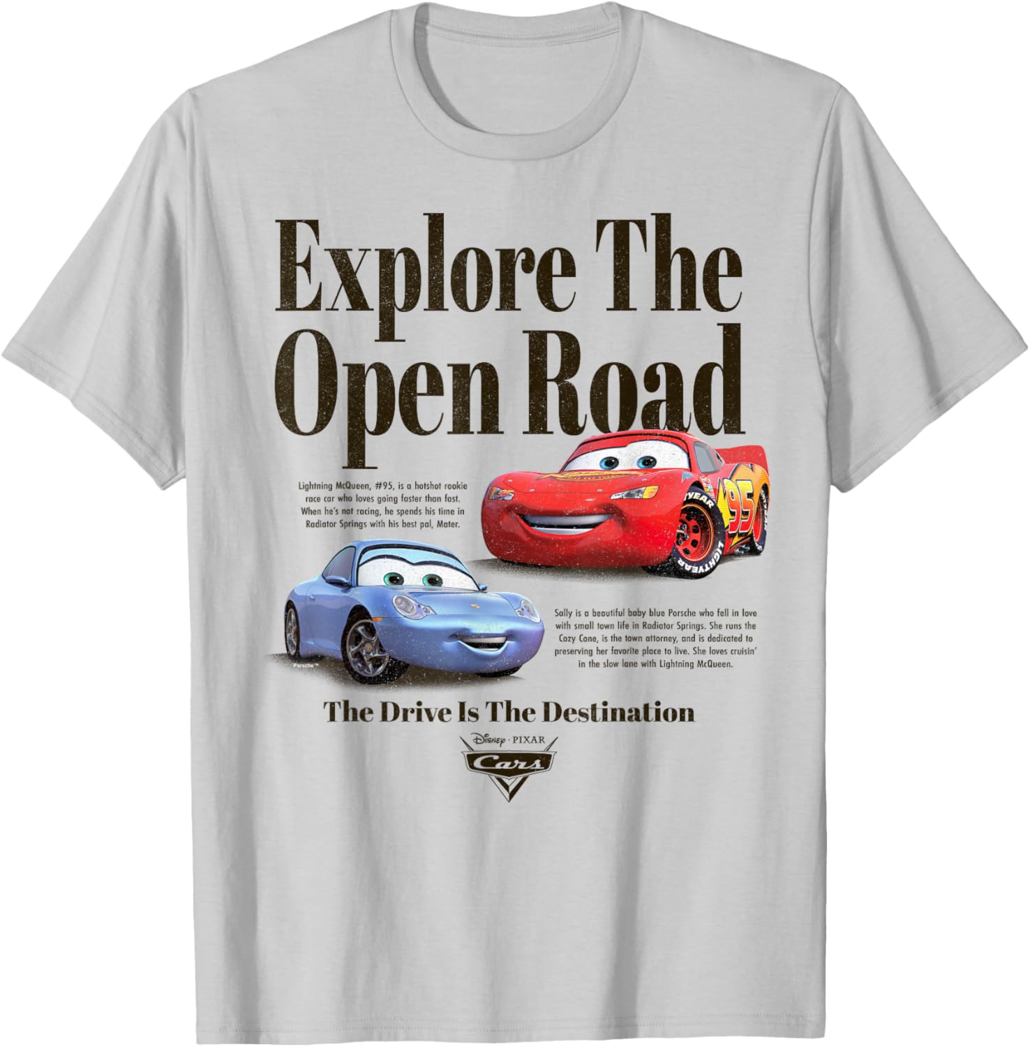 Disney Pixar Cars Explore The Open Road Sally and Lightning T-Shirt - T-Shirt | Ash