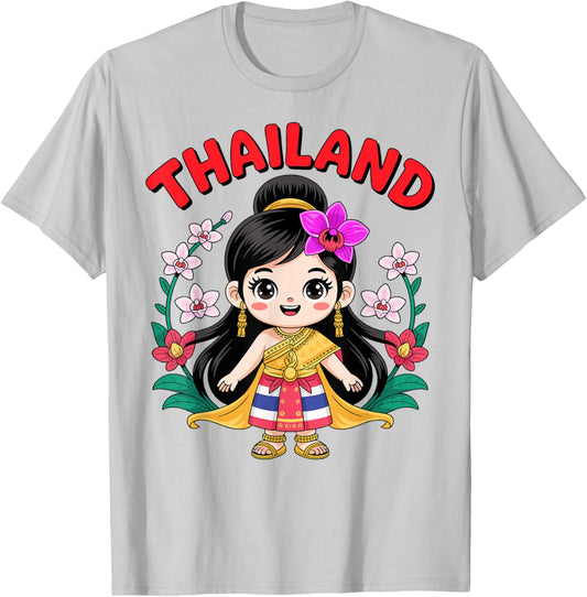 Cute Thailand Girl Traditional Dress with Orchids for Kids T-Shirt - T-Shirt | Ash