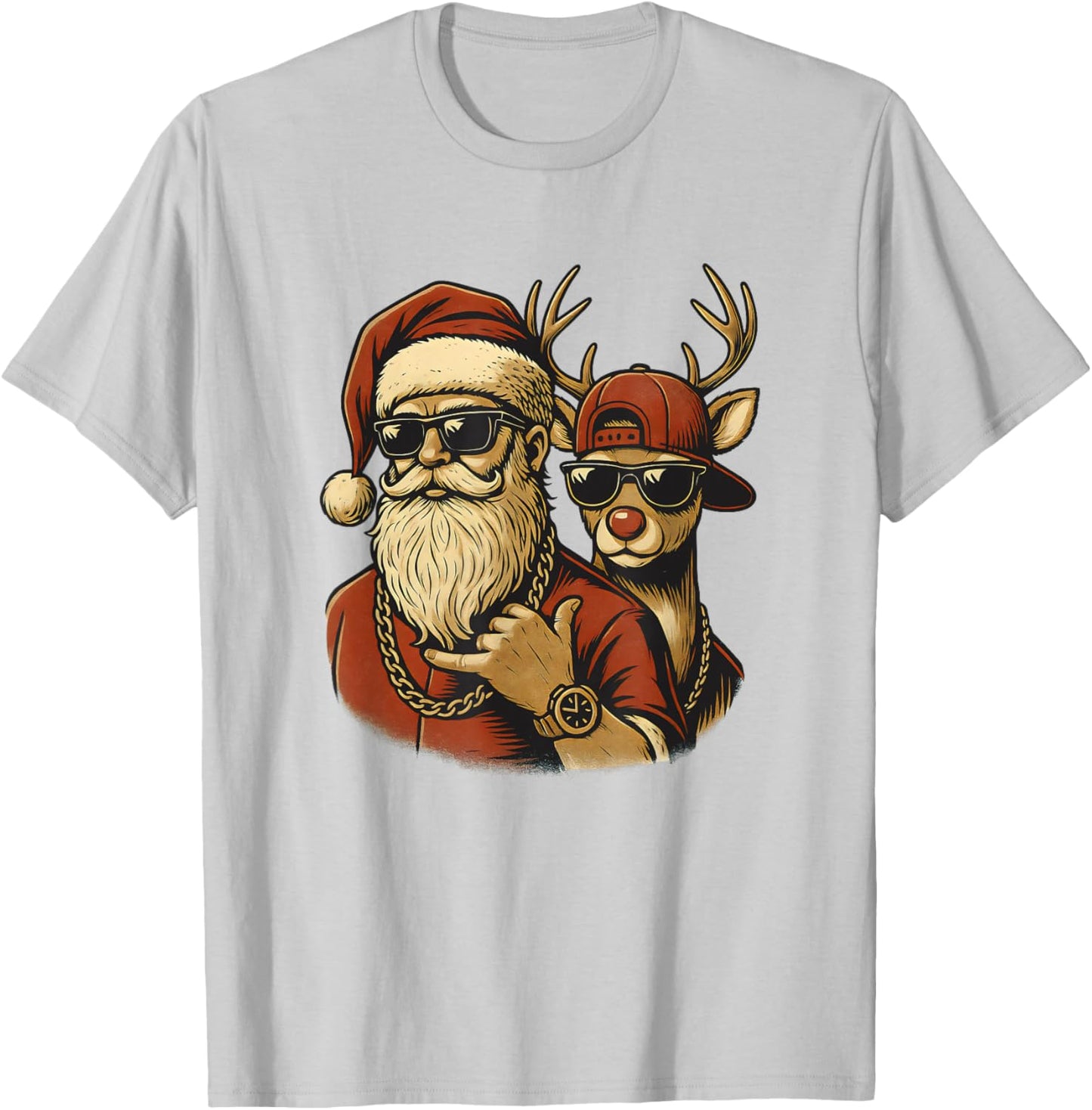 Hip Hop Santa Claus and Cool Reindeer Duo Christmas Holiday T-Shirt - T-Shirt | Ash