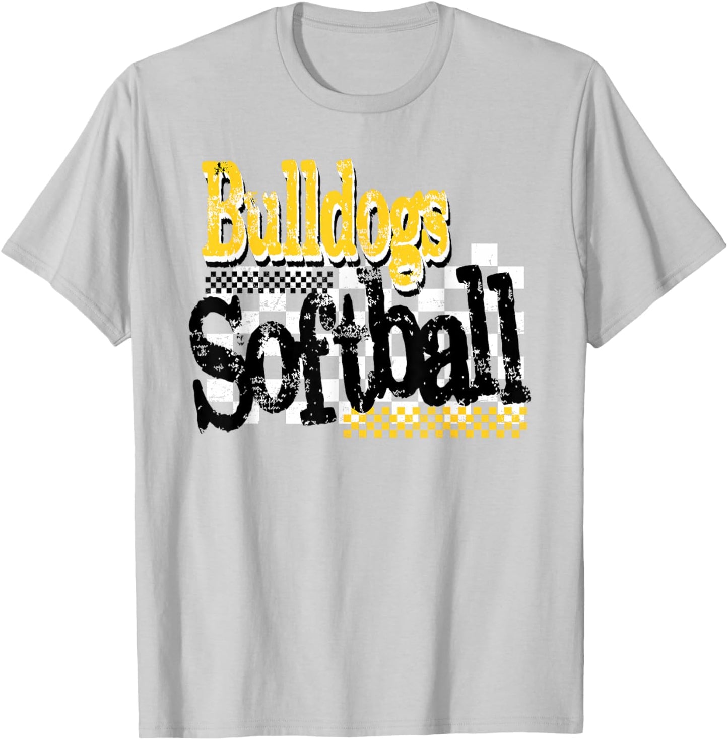 Bulldogs Softball Checkered Print Yellow Bulldog Pride T-Shirt - T-Shirt | Ash